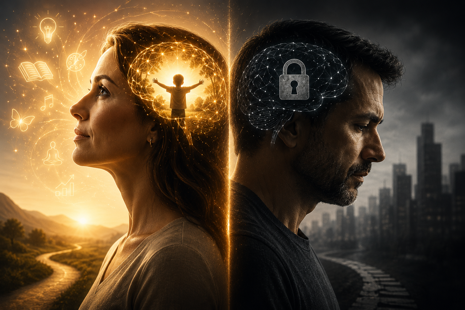 Split illustration contrasting a bright, expansive child mindset with a locked, constrained adult mindset