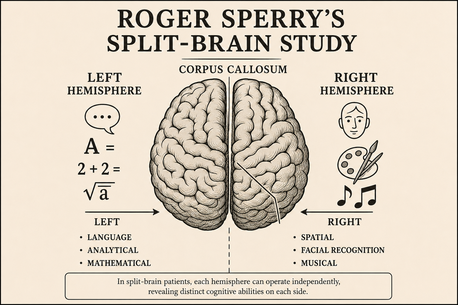 Infographic explaining Roger Sperry's split-brain study, showing left and right hemisphere functions
